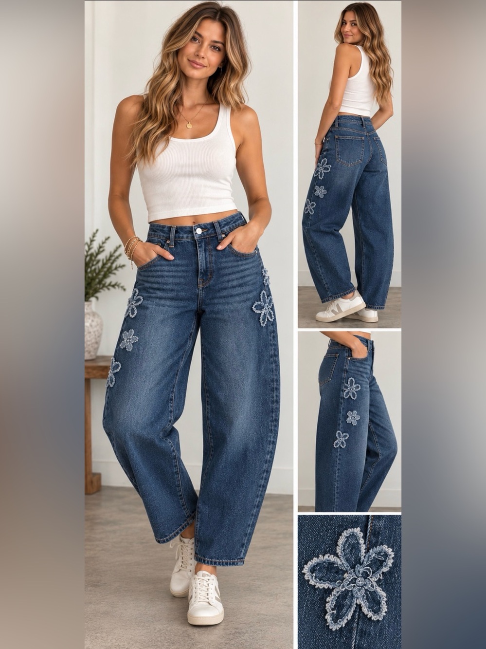 Risen Embroidered Wide-Leg Barrel style Jeans - STRETCHY!  Size 0/24 NWT